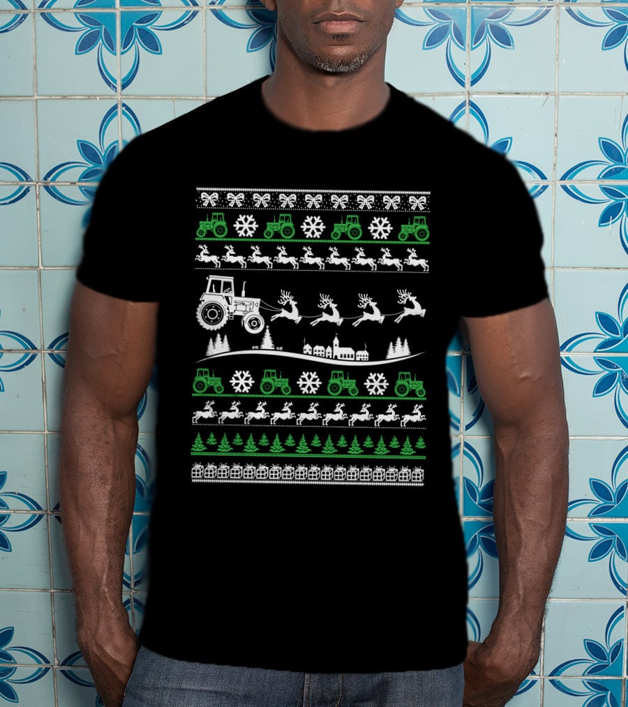 Funny Christmas Farmer Tractor Reindeer Snowflakes Trees T-Shirt