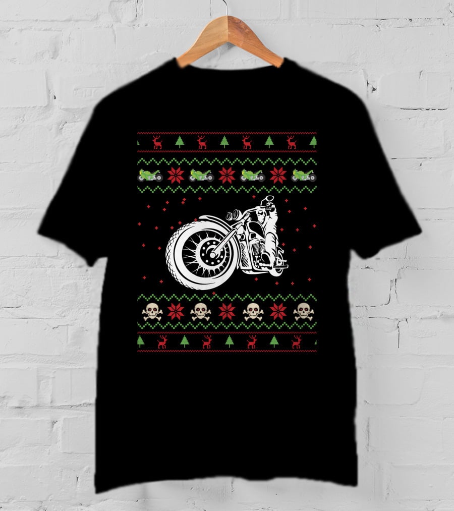 Motorbike Ugly Christmas Sweater Skulls And Reindeer T-Shirt
