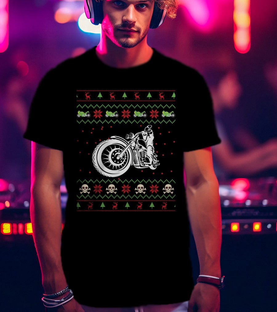 Motorbike Ugly Christmas Sweater Skulls And Reindeer T-Shirt