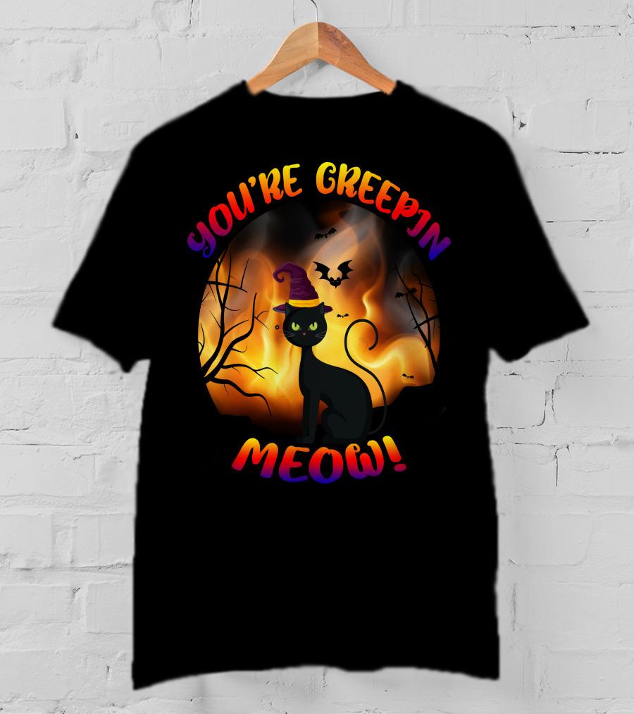 You’re Creepin Meow Halloween Cat Bat Scene T-Shirt