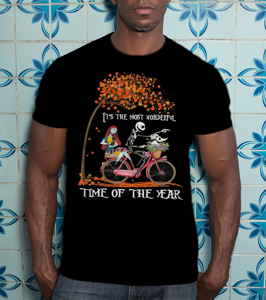 It's The Most Wonderful Time Of The Year Jack And Sally Bike Autumn Leaves T-Shirt