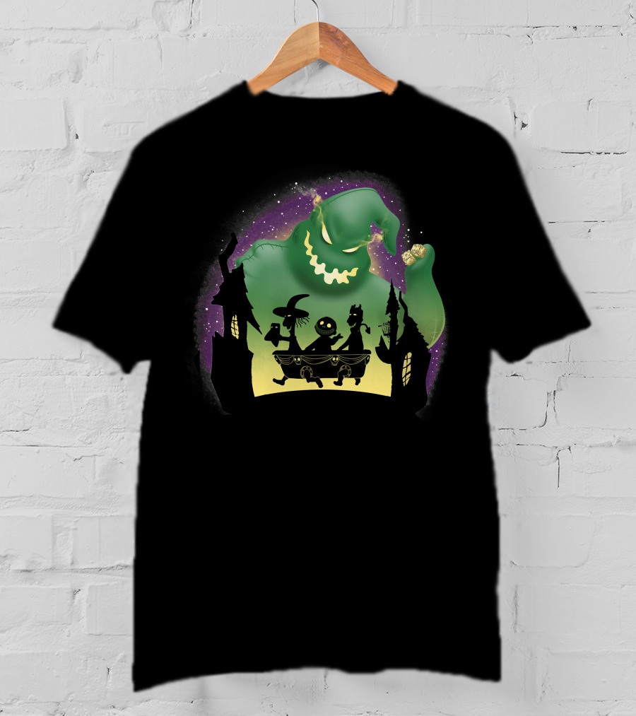 Boogie Lock Shock And Barrel Silhouette Against Green Monster And Haunted House Background T-Shirt