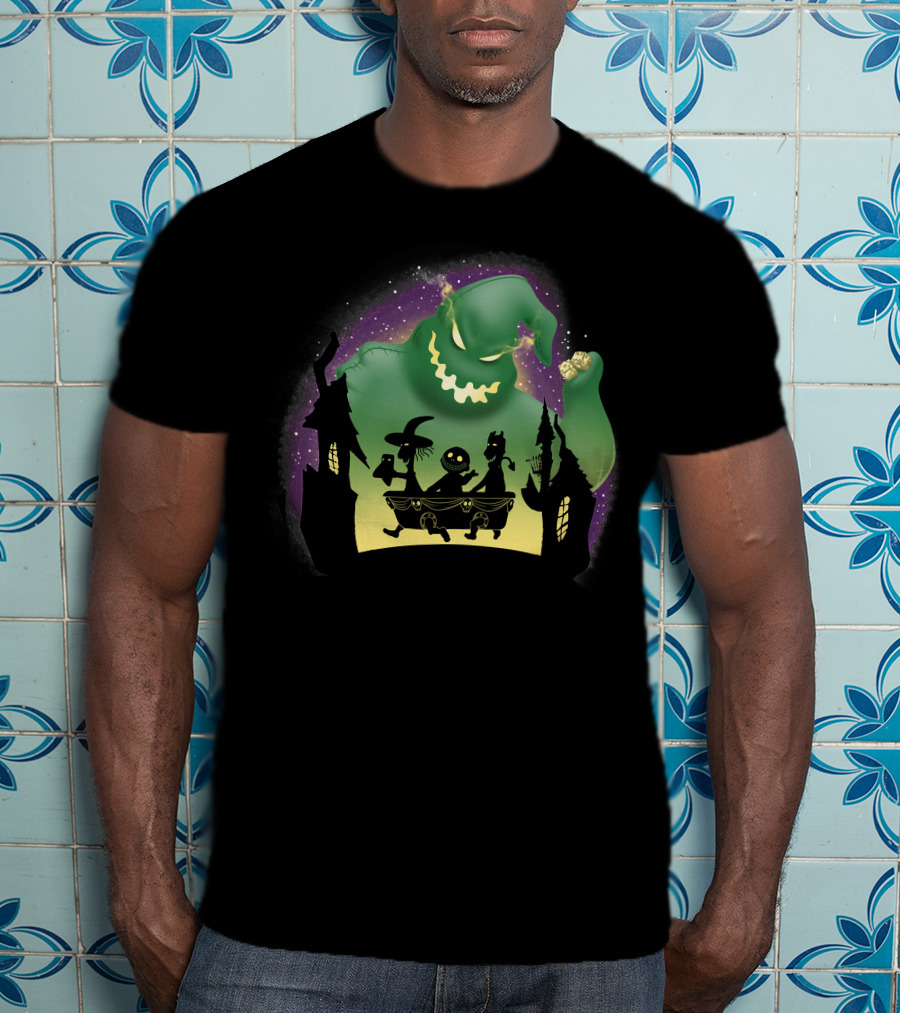 Boogie Lock Shock And Barrel Silhouette Against Green Monster And Haunted House Background T-Shirt