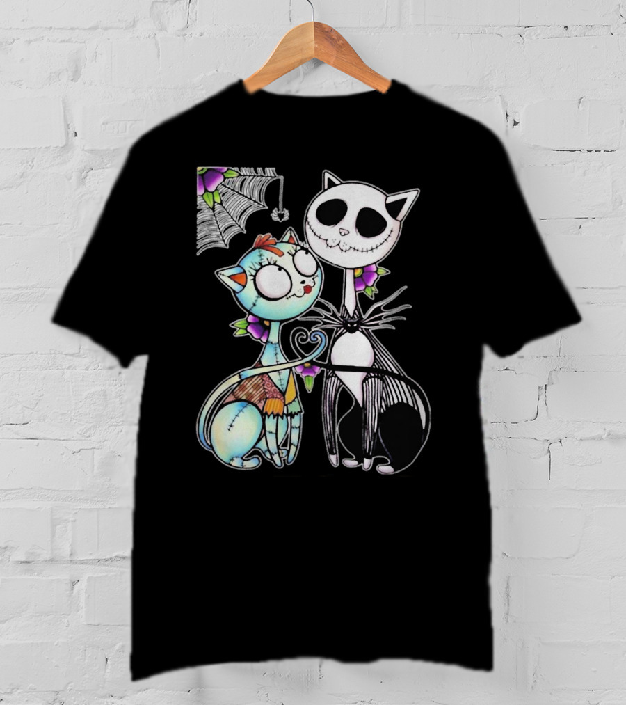 Jack Skellington Cat And Sally Cat With Heart Umbrella And Stitching Elements T-Shirt