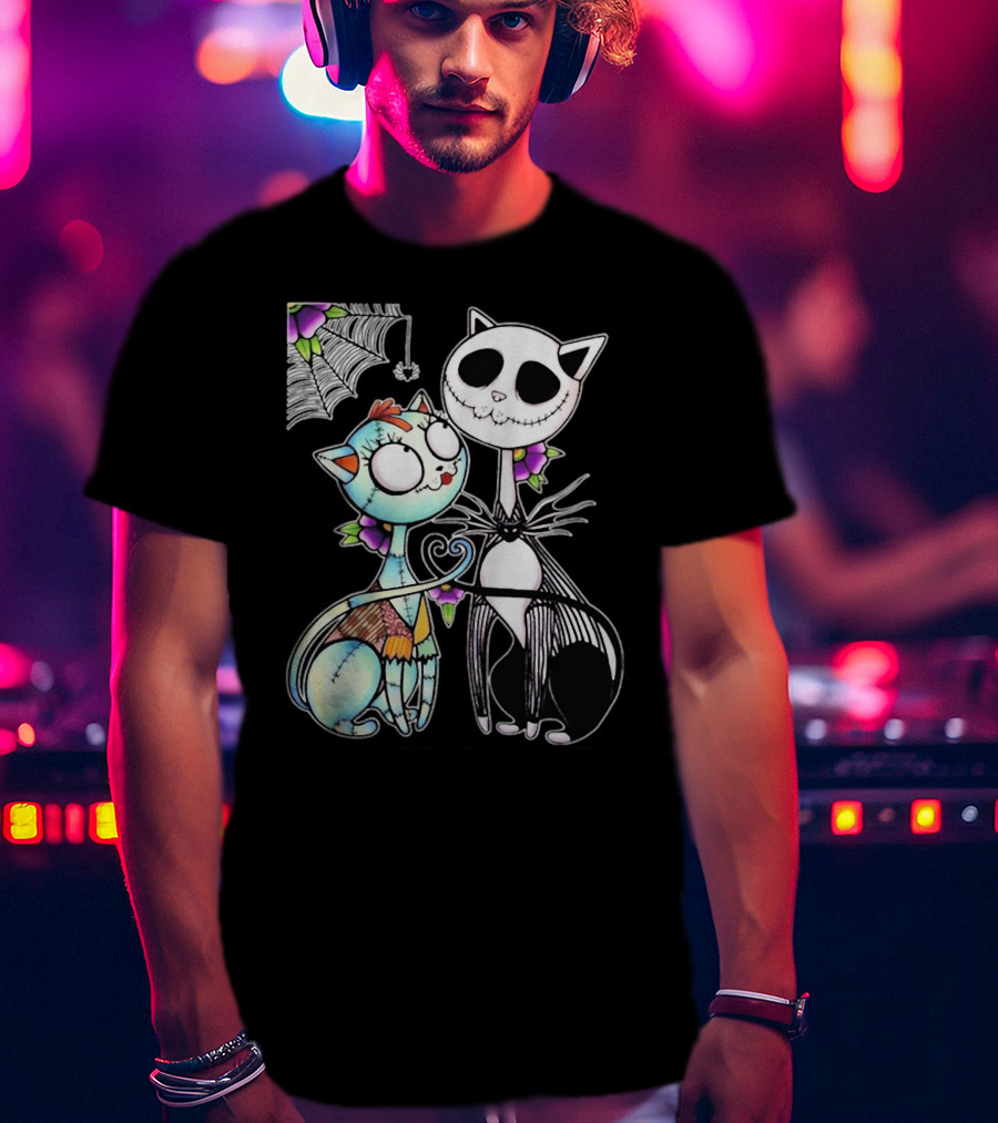 Jack Skellington Cat And Sally Cat With Heart Umbrella And Stitching Elements T-Shirt