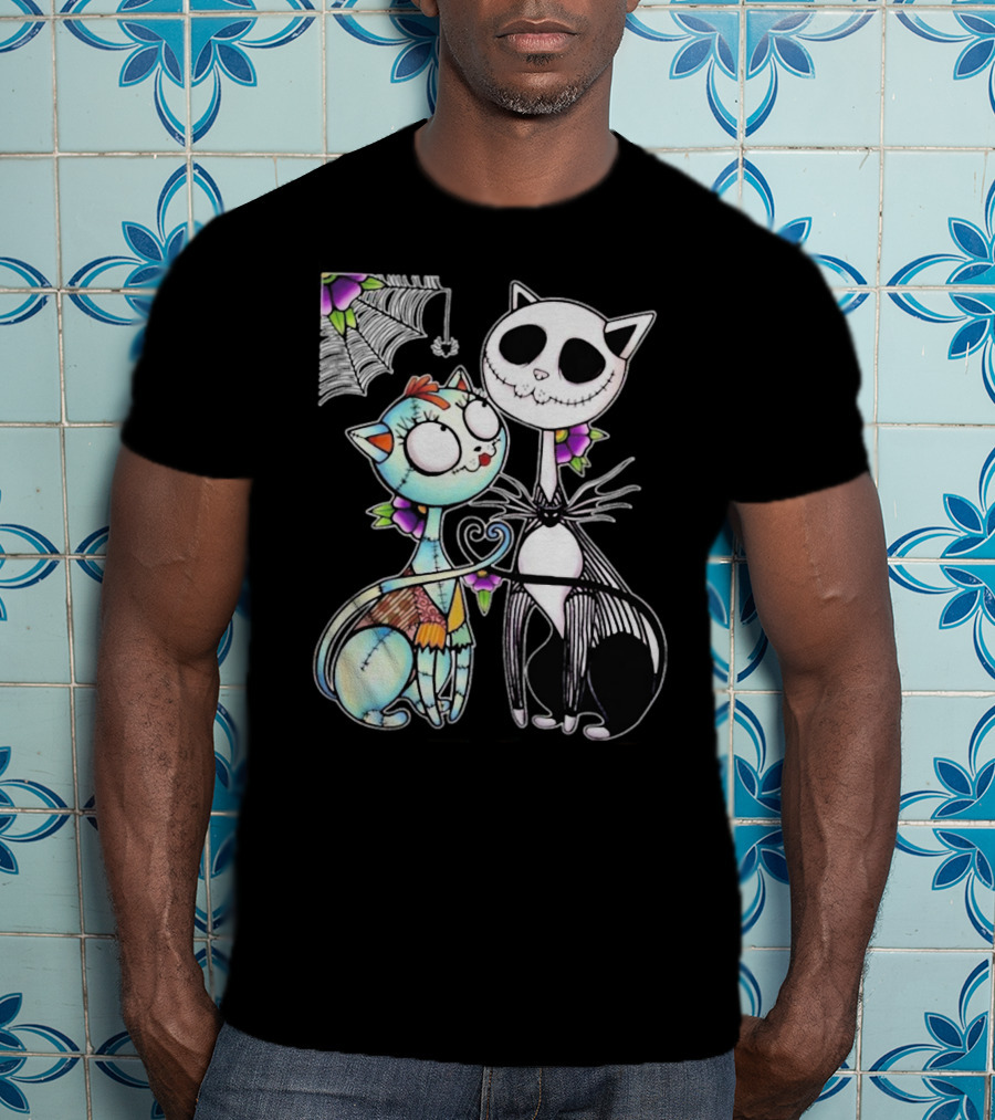 Jack Skellington Cat And Sally Cat With Heart Umbrella And Stitching Elements T-Shirt