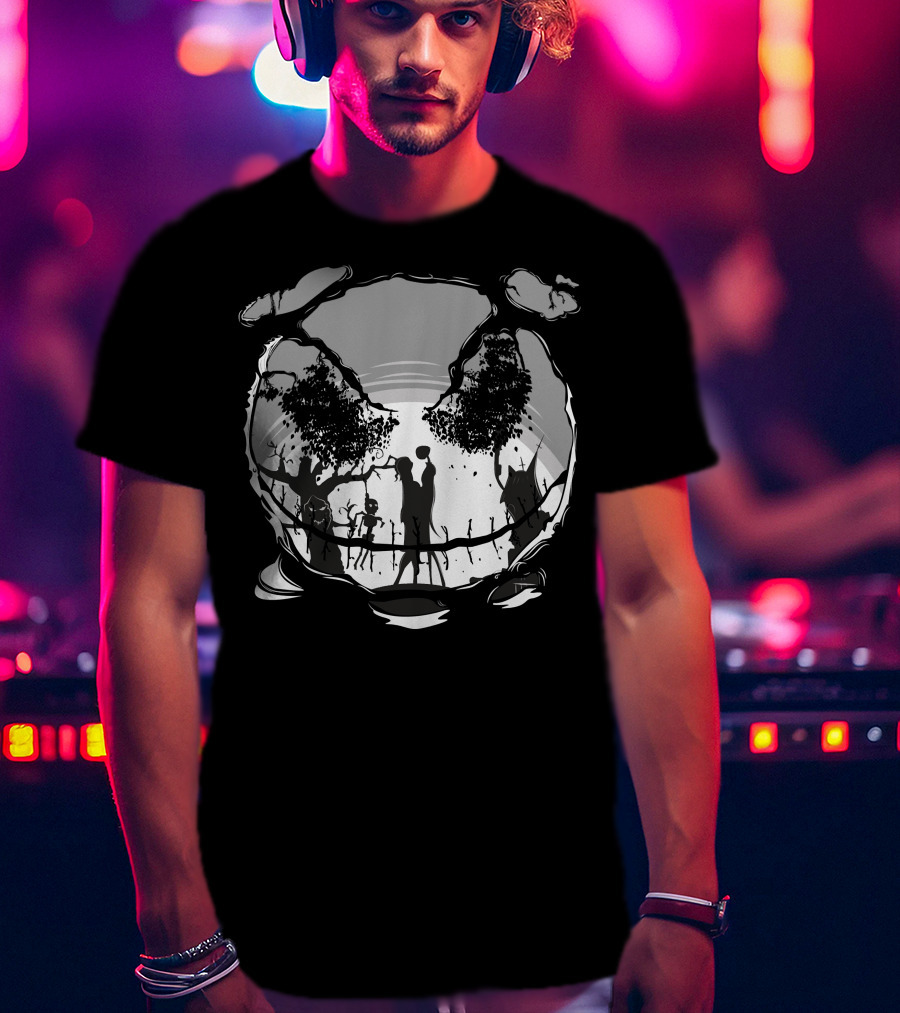 Jack And Sally Embrace In Spooky Forest Scene T-Shirt