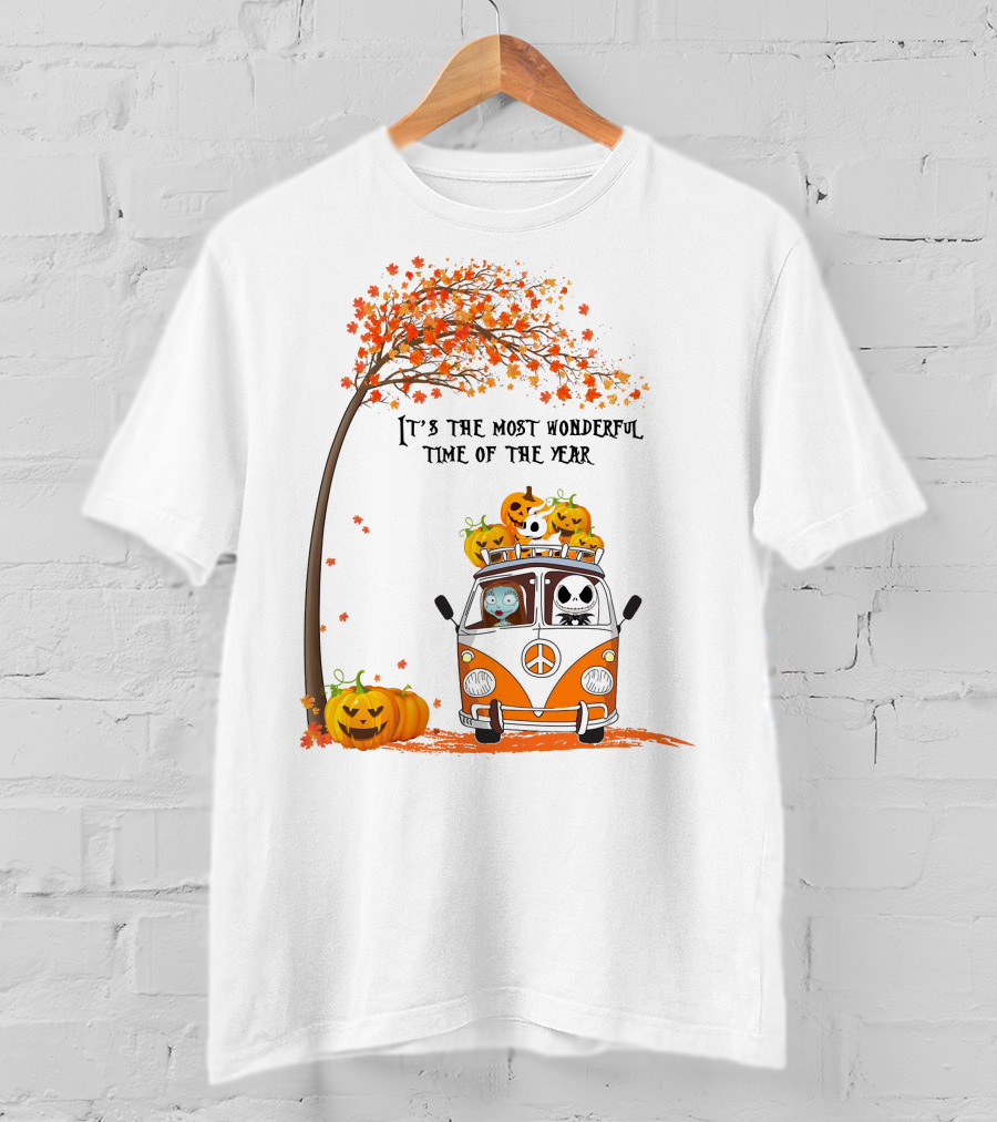 It's The Most Wonderful Time Of The Year Jack Sally Zero And Pumpkin In Van With Tree And Autumn Leaves T-Shirt