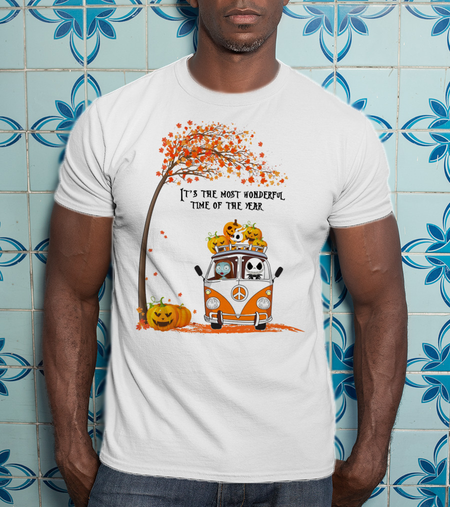 It's The Most Wonderful Time Of The Year Jack Sally Zero And Pumpkin In Van With Tree And Autumn Leaves T-Shirt