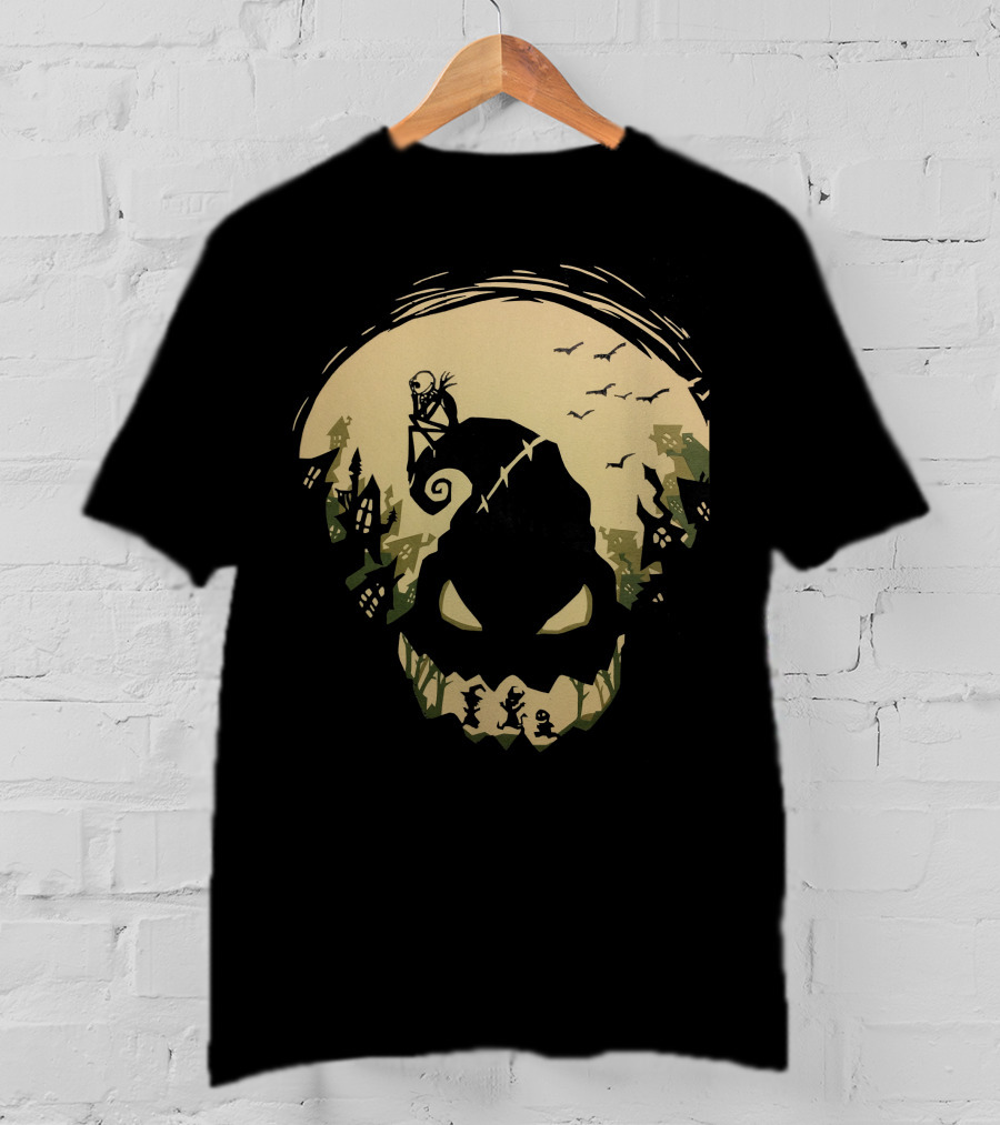 Jack Skellington Sitting On Curved Hilltop Over Oogie Boogie With Walking Figures And Bats In Spooky Moonlit Landscape T-Shirt