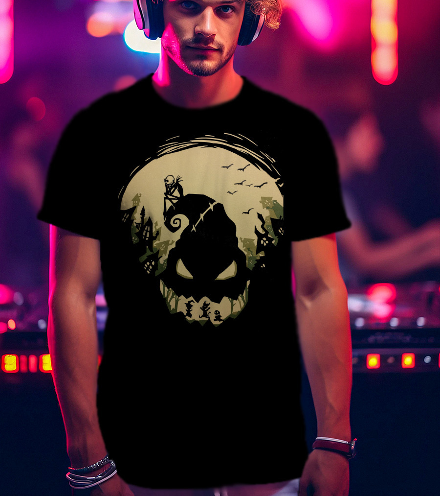 Jack Skellington Sitting On Curved Hilltop Over Oogie Boogie With Walking Figures And Bats In Spooky Moonlit Landscape T-Shirt