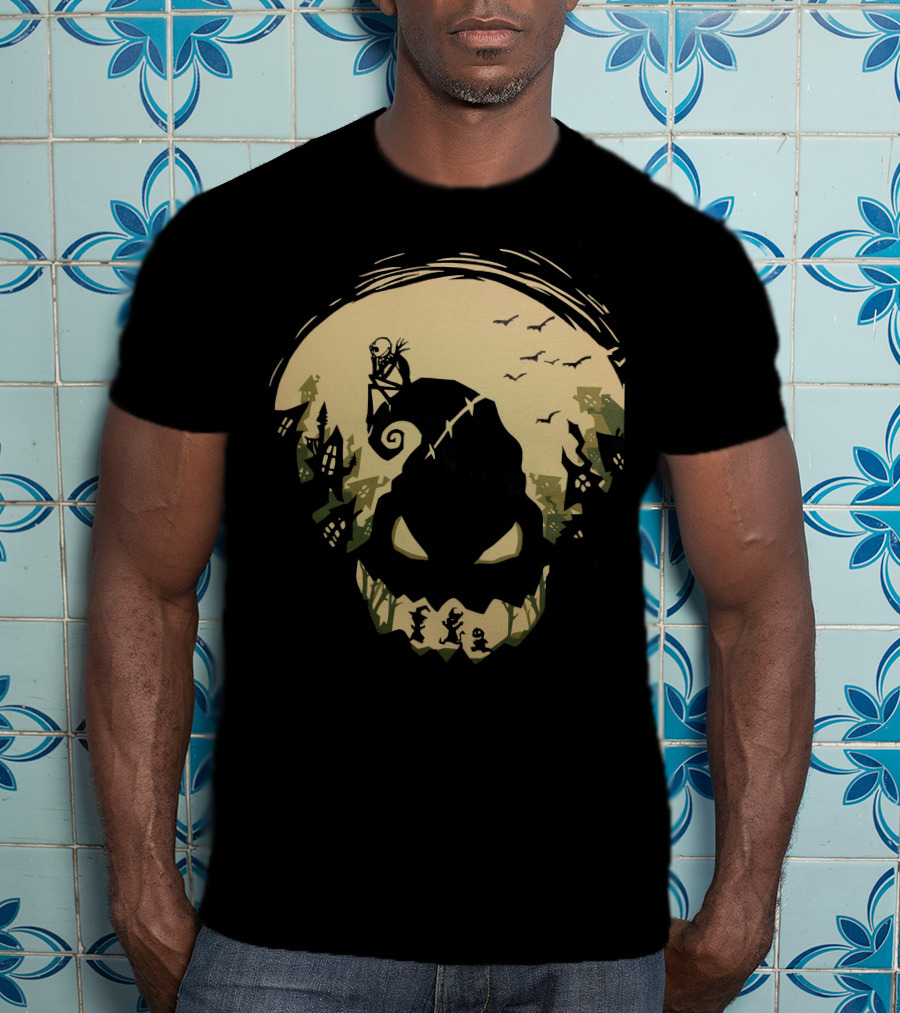 Jack Skellington Sitting On Curved Hilltop Over Oogie Boogie With Walking Figures And Bats In Spooky Moonlit Landscape T-Shirt