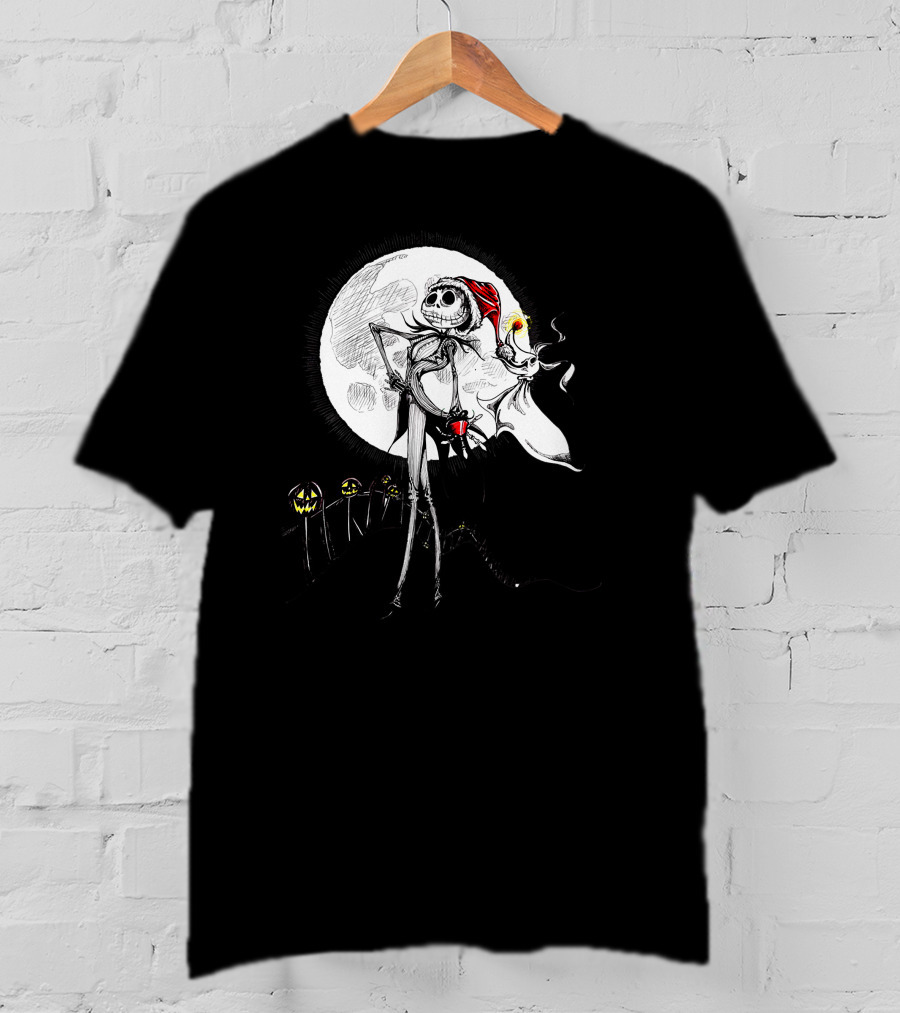 Jack Skellington Zero With Santa Hat And Full Moon Halloween Scene T-Shirt