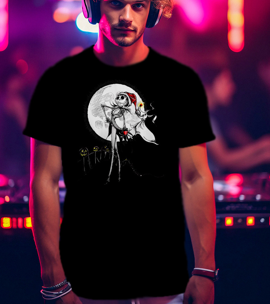 Jack Skellington Zero With Santa Hat And Full Moon Halloween Scene T-Shirt