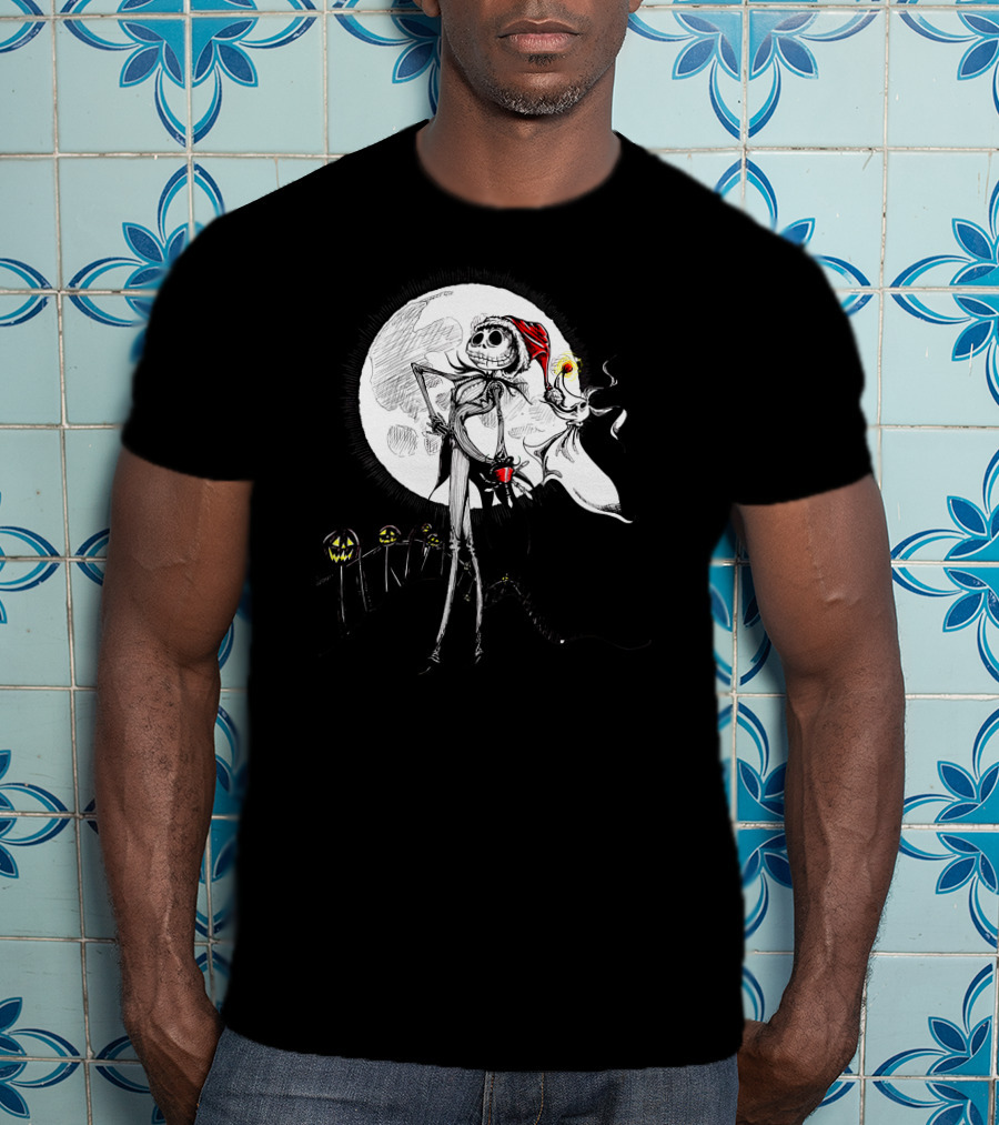 Jack Skellington Zero With Santa Hat And Full Moon Halloween Scene T-Shirt