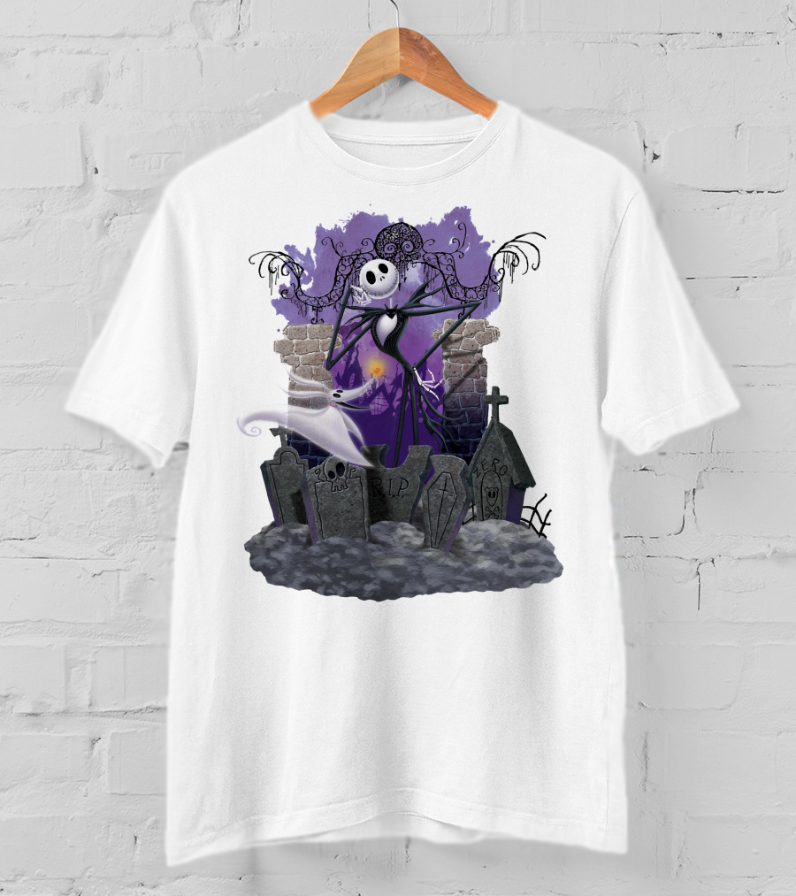 Jack Skellington Zero RIP Graveyard Scene With Ghostly Dog And Gothic Elements T-Shirt