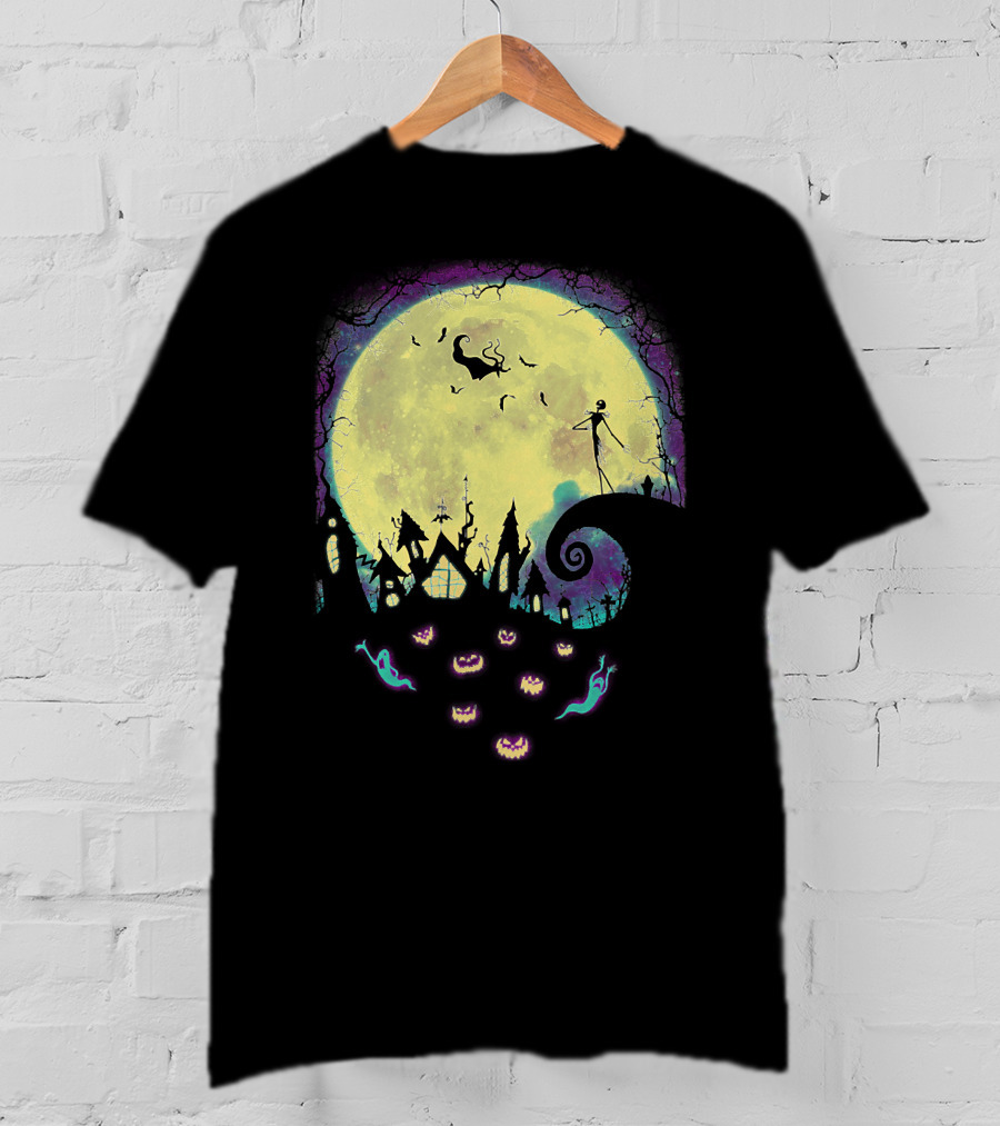 Jack Zero Moonlit Halloween Scene With Ghostly Pumpkins T-Shirt