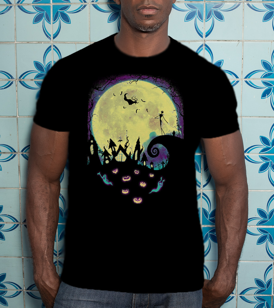 Jack Zero Moonlit Halloween Scene With Ghostly Pumpkins T-Shirt
