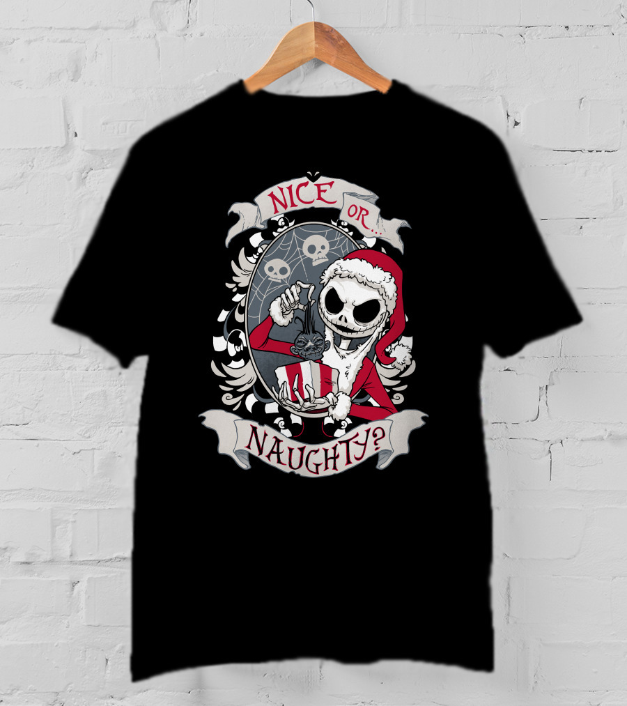 Nice Or Naughty Santa Skeleton With Skull Background T-Shirt