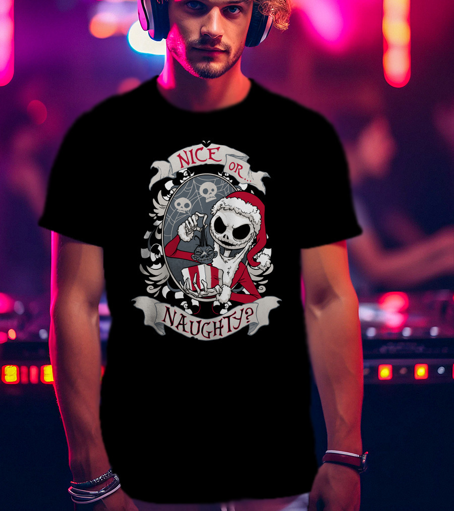 Nice Or Naughty Santa Skeleton With Skull Background T-Shirt