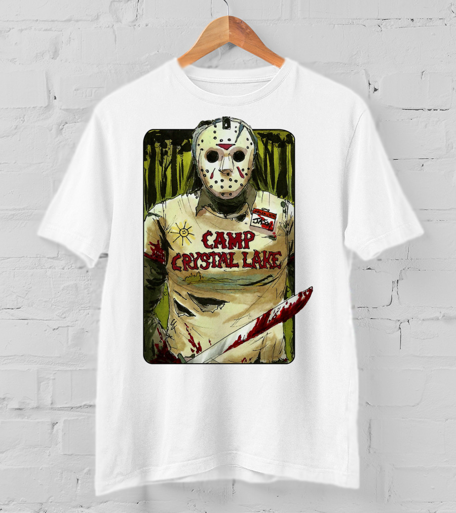 Jason Camp Crystal Lake Horror Mask Blood Stained Machete T-Shirt