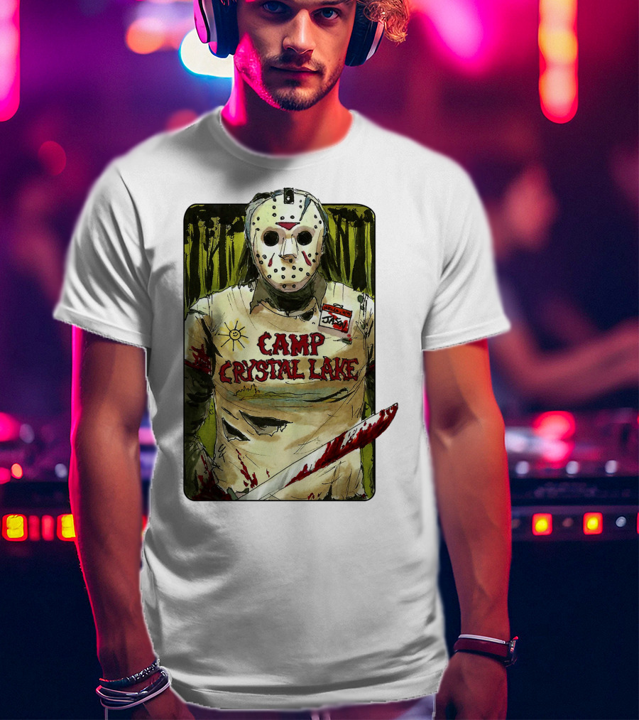 Jason Camp Crystal Lake Horror Mask Blood Stained Machete T-Shirt
