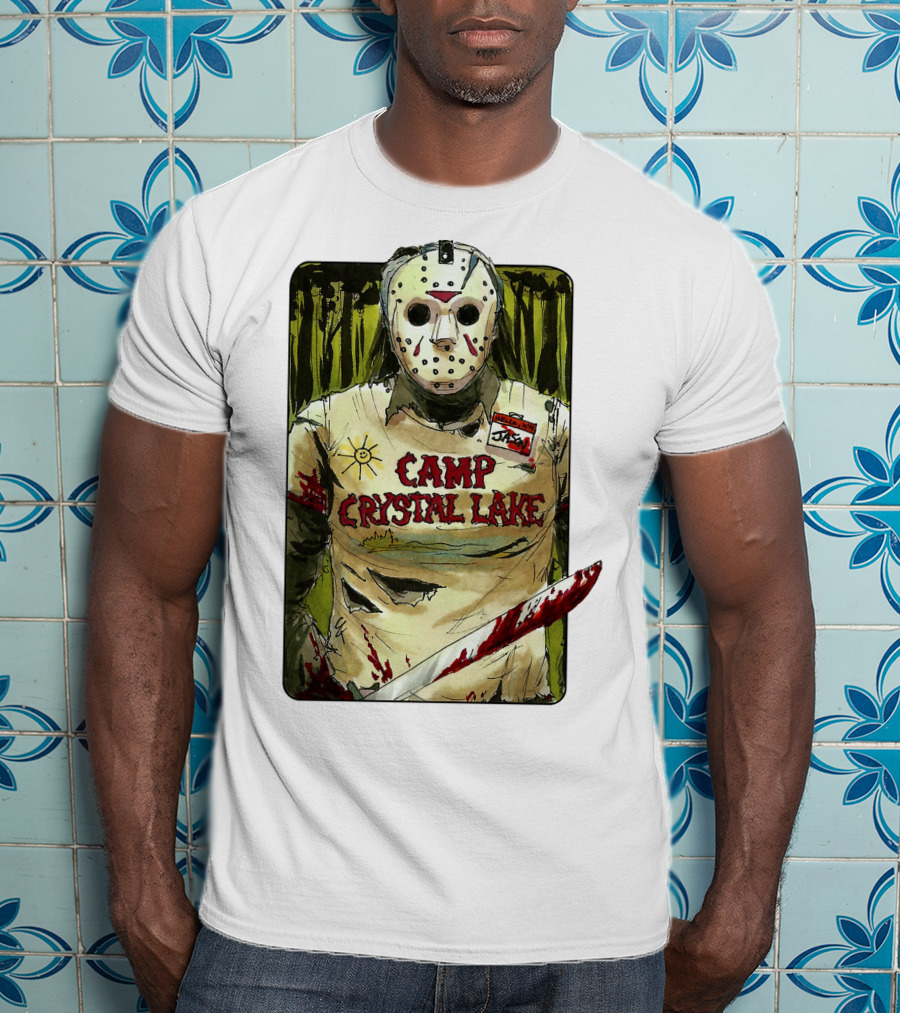 Jason Camp Crystal Lake Horror Mask Blood Stained Machete T-Shirt