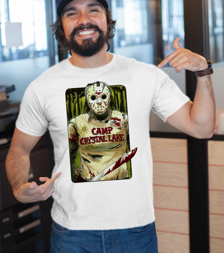 Jason Camp Crystal Lake Horror Mask Blood Stained Machete T-Shirt