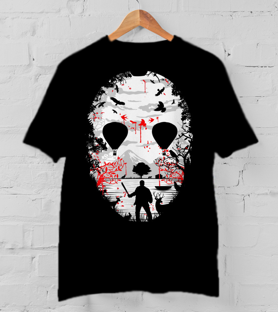 Jason Voorhees Camp Crystal Lake Mask Silhouette Counselor Scene T-Shirt