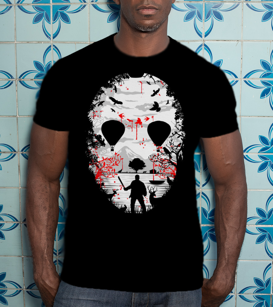 Jason Voorhees Camp Crystal Lake Mask Silhouette Counselor Scene T-Shirt
