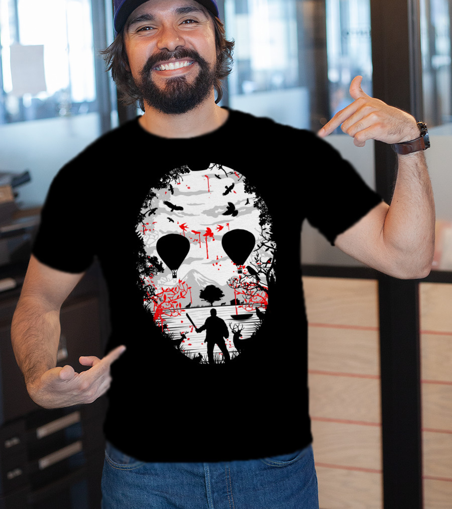 Jason Voorhees Camp Crystal Lake Mask Silhouette Counselor Scene T-Shirt