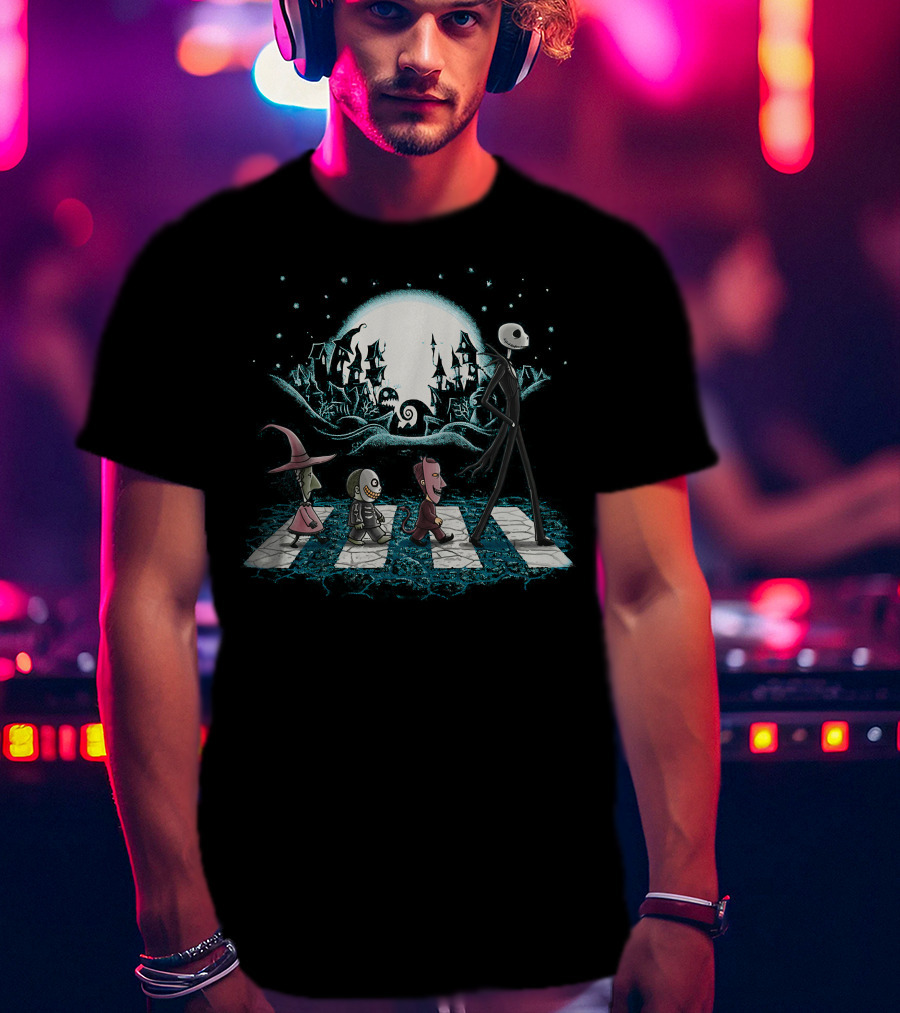 The Nightmare Before Christmas Jack Skellington Lock Shock Barrel Abbey Road Scene T-Shirt