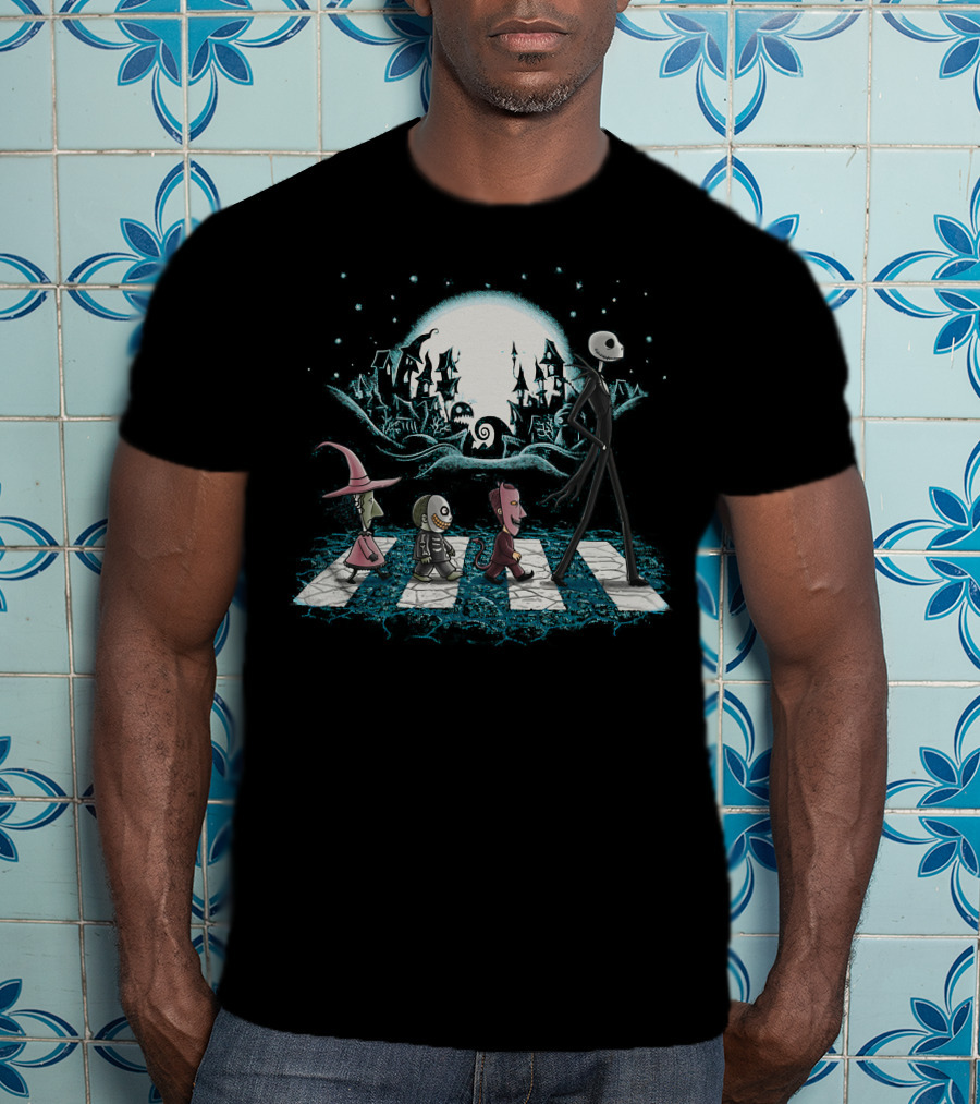 The Nightmare Before Christmas Jack Skellington Lock Shock Barrel Abbey Road Scene T-Shirt