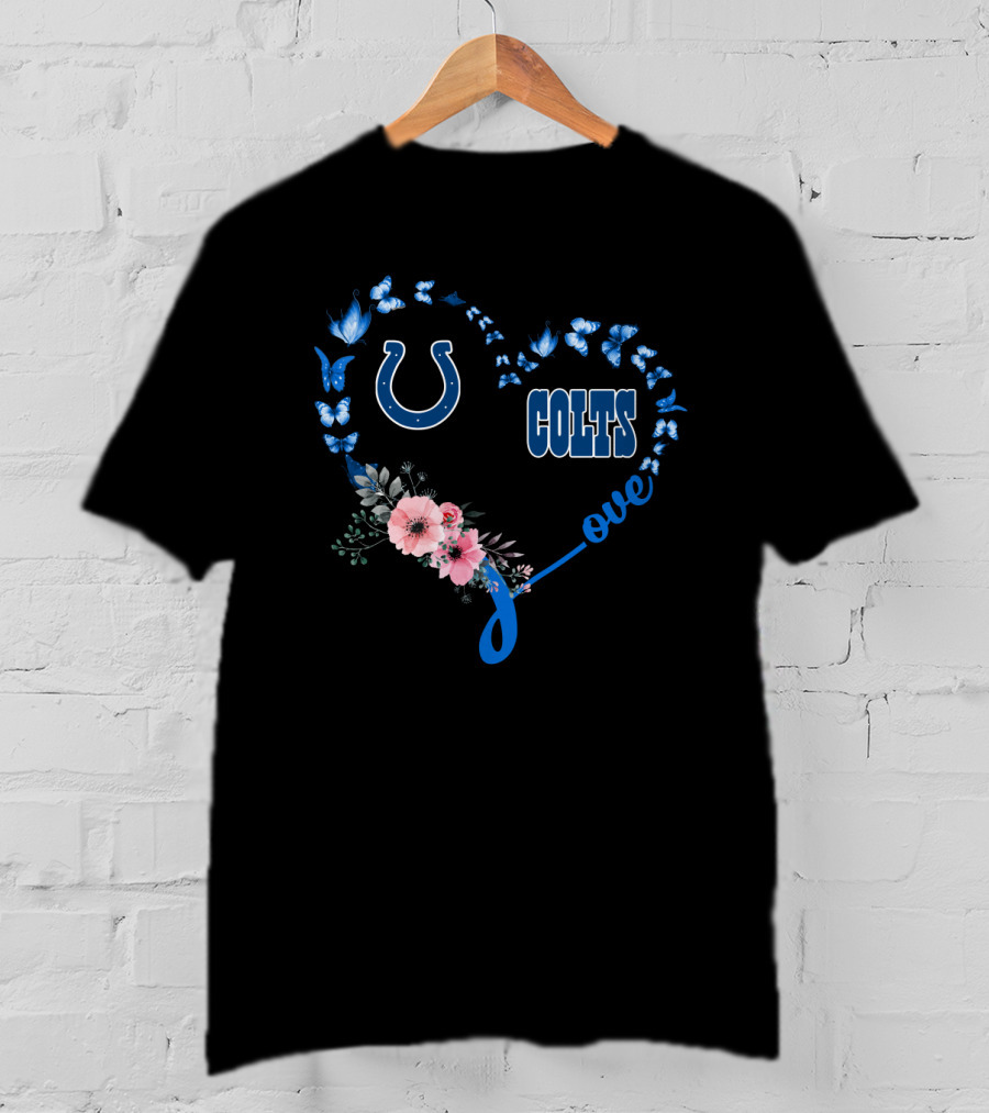 Indianapolis Colts Butterfly Love Heart Design With Floral And Logo Elements T-Shirt