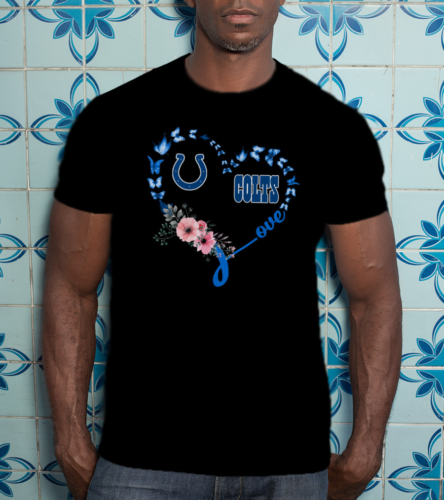 Indianapolis Colts Butterfly Love Heart Design With Floral And Logo Elements T-Shirt