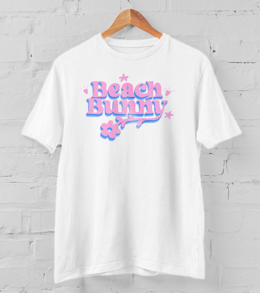 Beach Bunny Pink And Blue Text With Flowers And Hearts T-Shirt