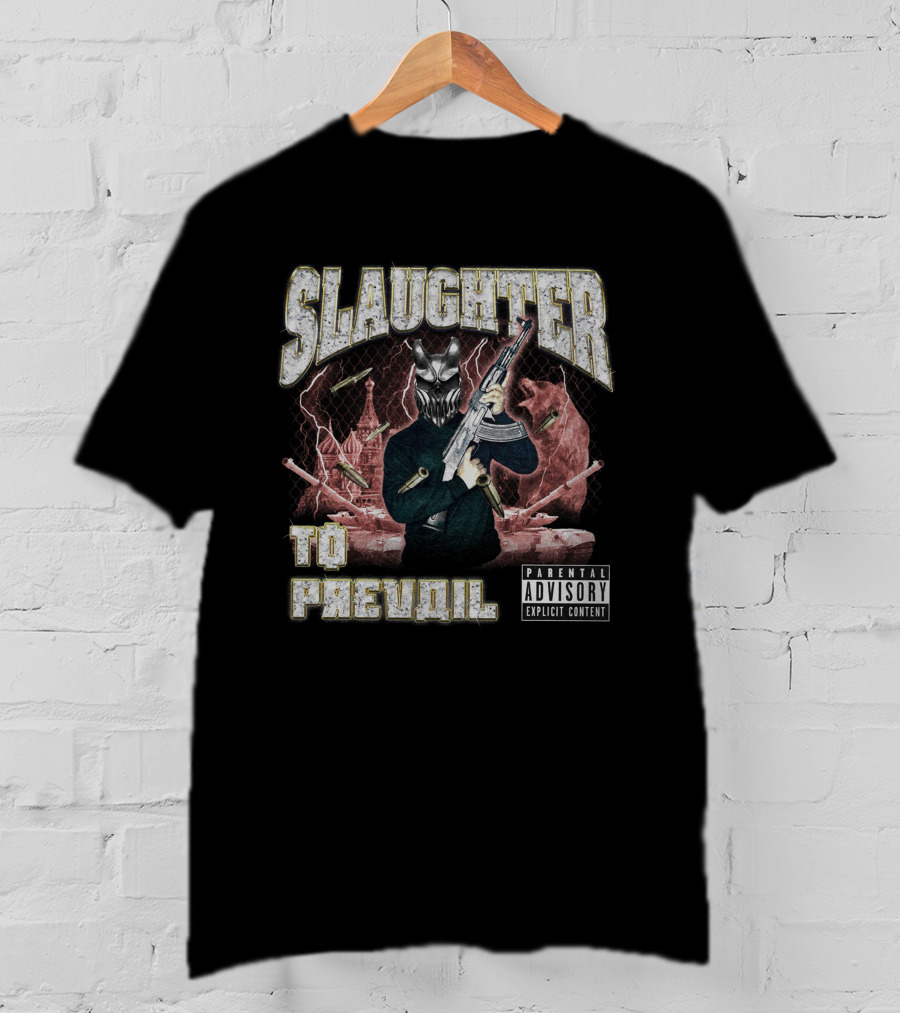 Slaughter To Prevail Explicit Content Masked Figure With Gun And Bullets T-Shirt