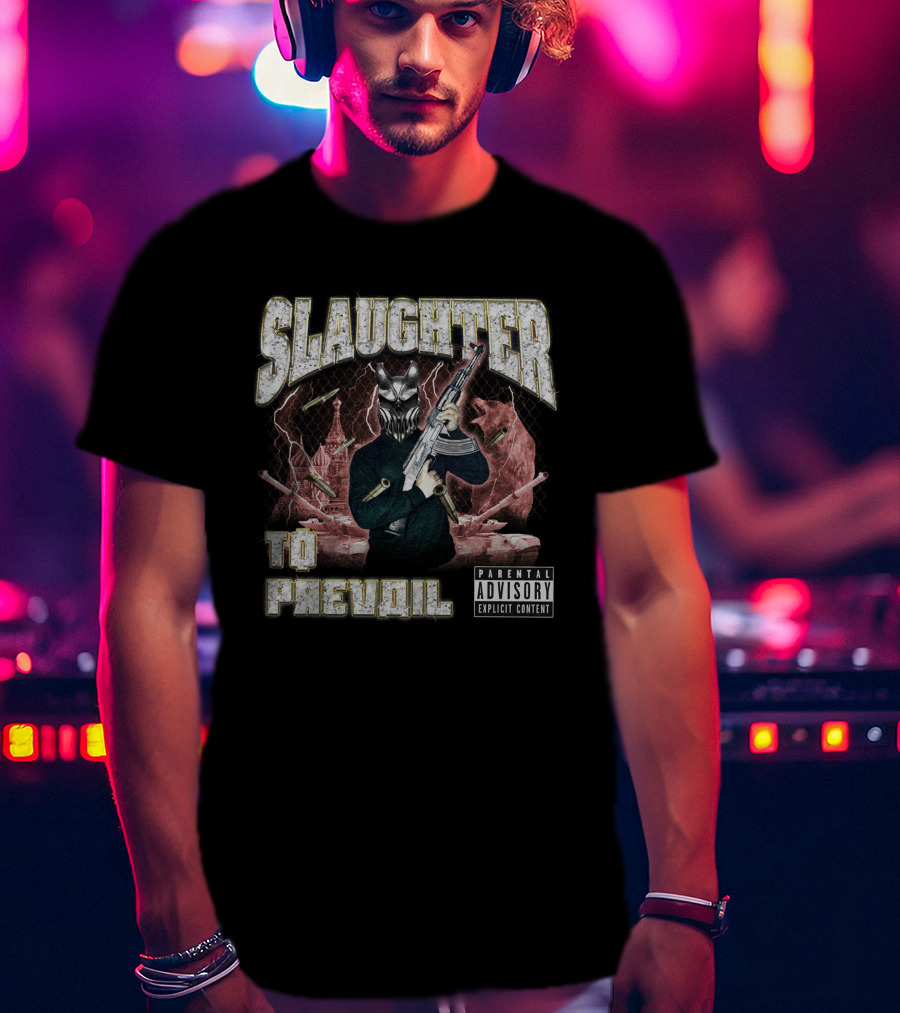Slaughter To Prevail Explicit Content Masked Figure With Gun And Bullets T-Shirt