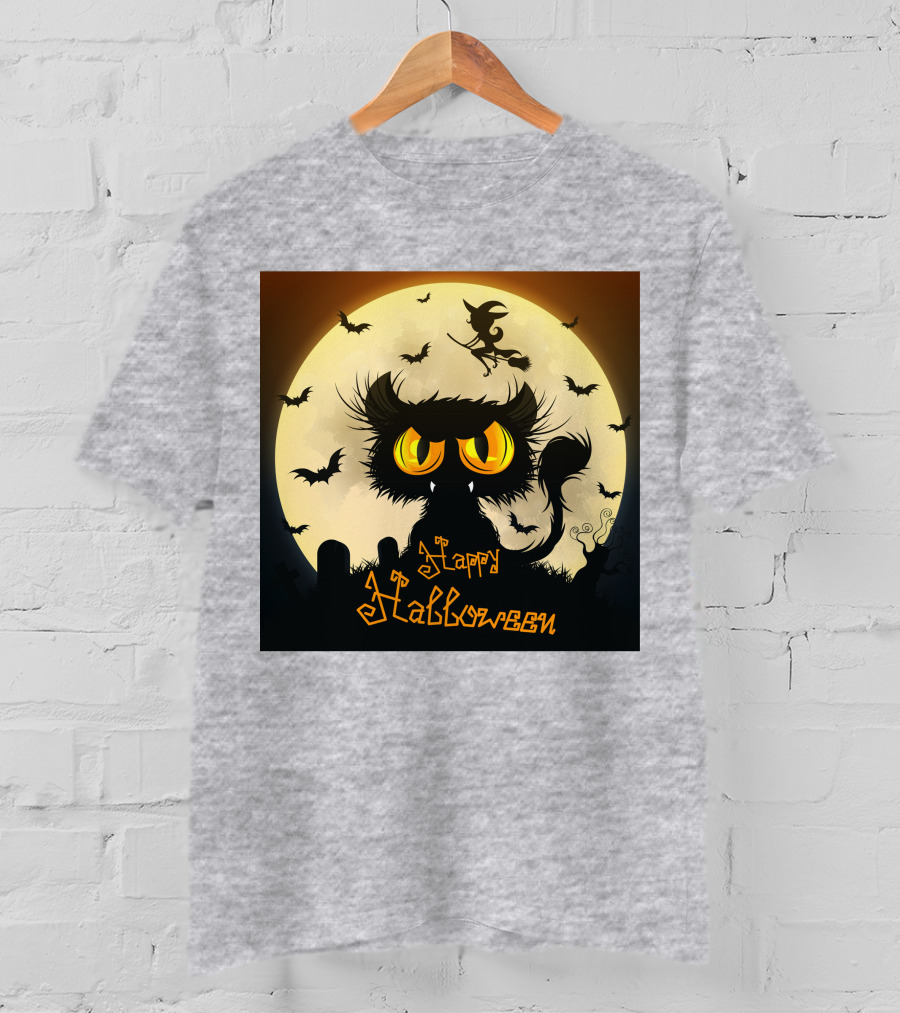 Starry Halloween Cat With Witch And Bats T-Shirt