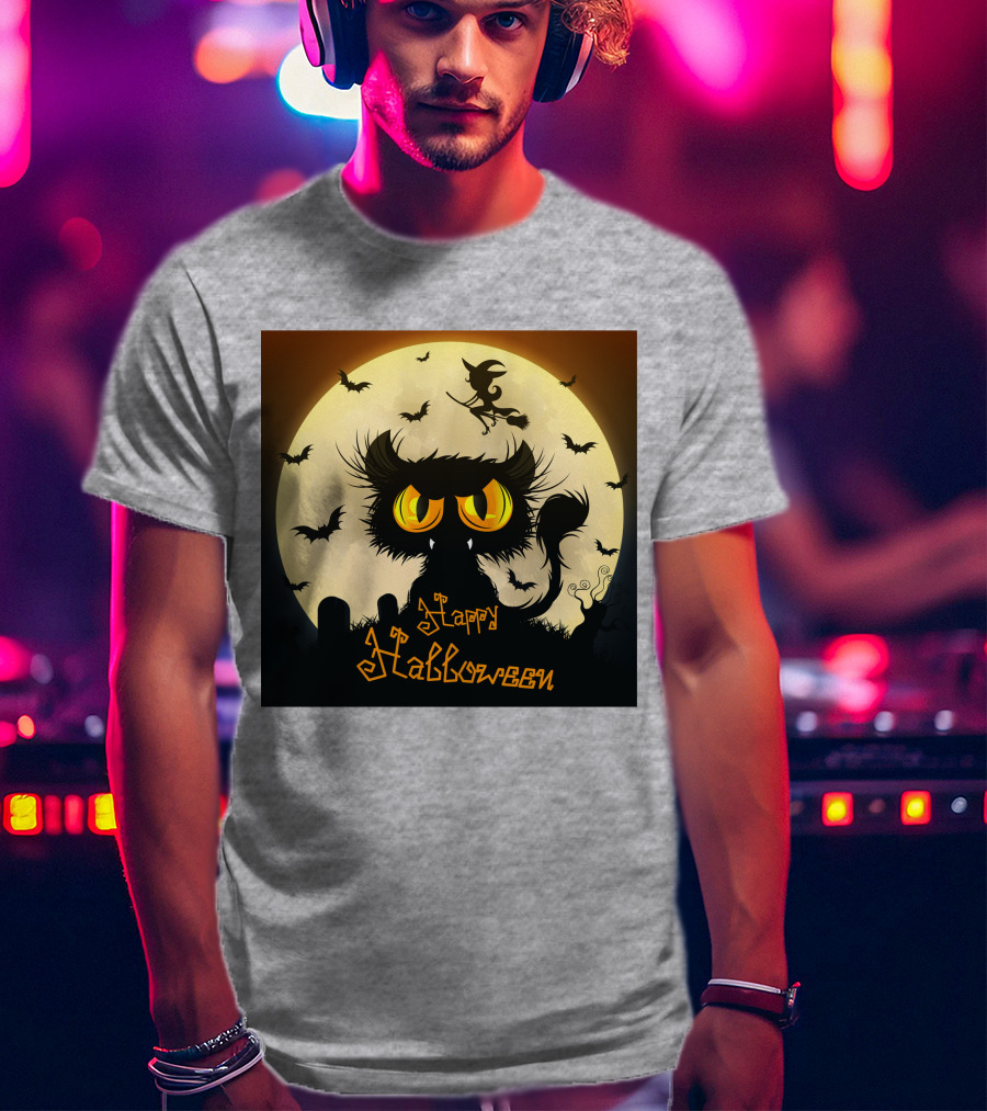 Starry Halloween Cat With Witch And Bats T-Shirt