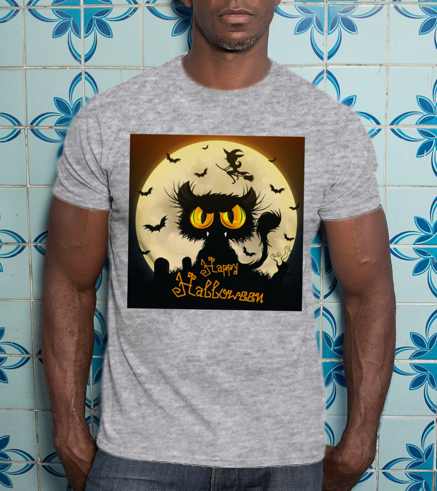 Starry Halloween Cat With Witch And Bats T-Shirt