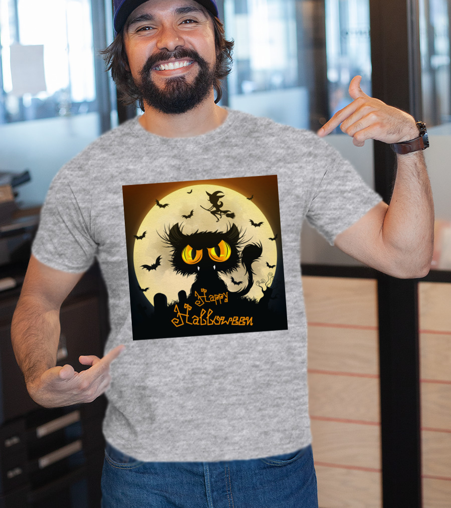 Starry Halloween Cat With Witch And Bats T-Shirt
