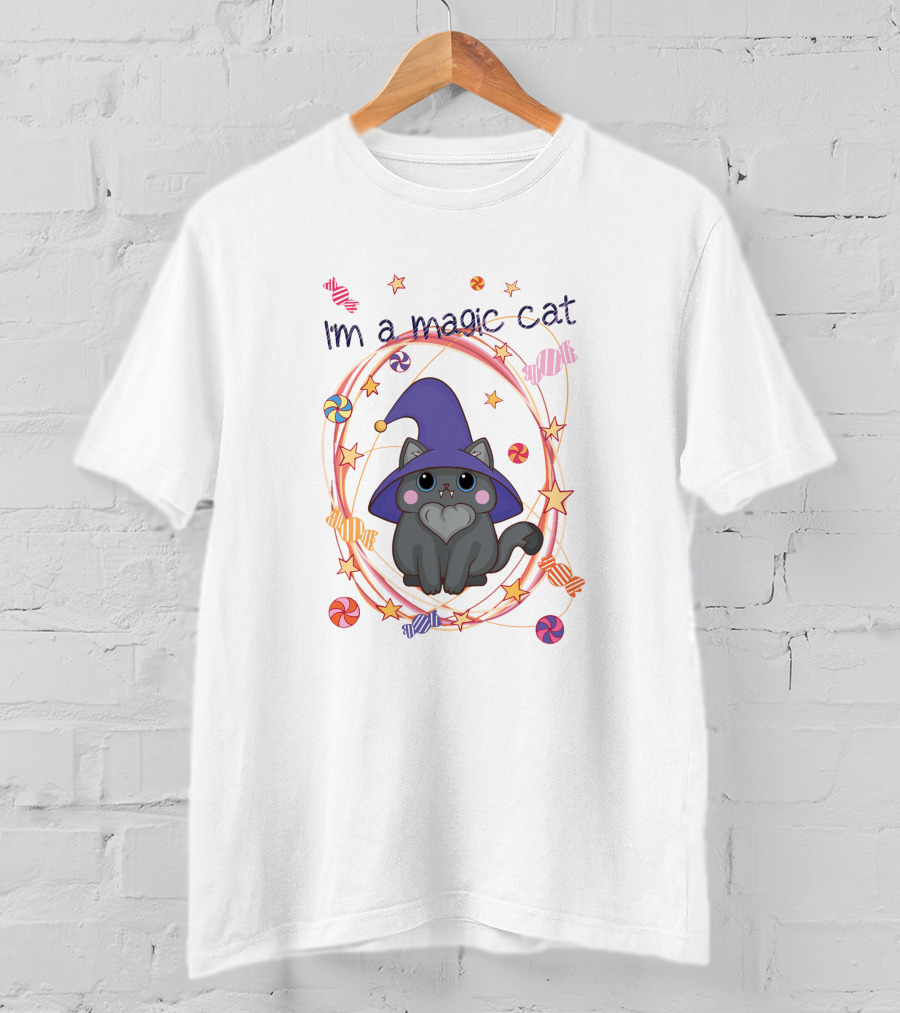 I'm A Magic Cat Wizard Hat Candy Stars T-Shirt