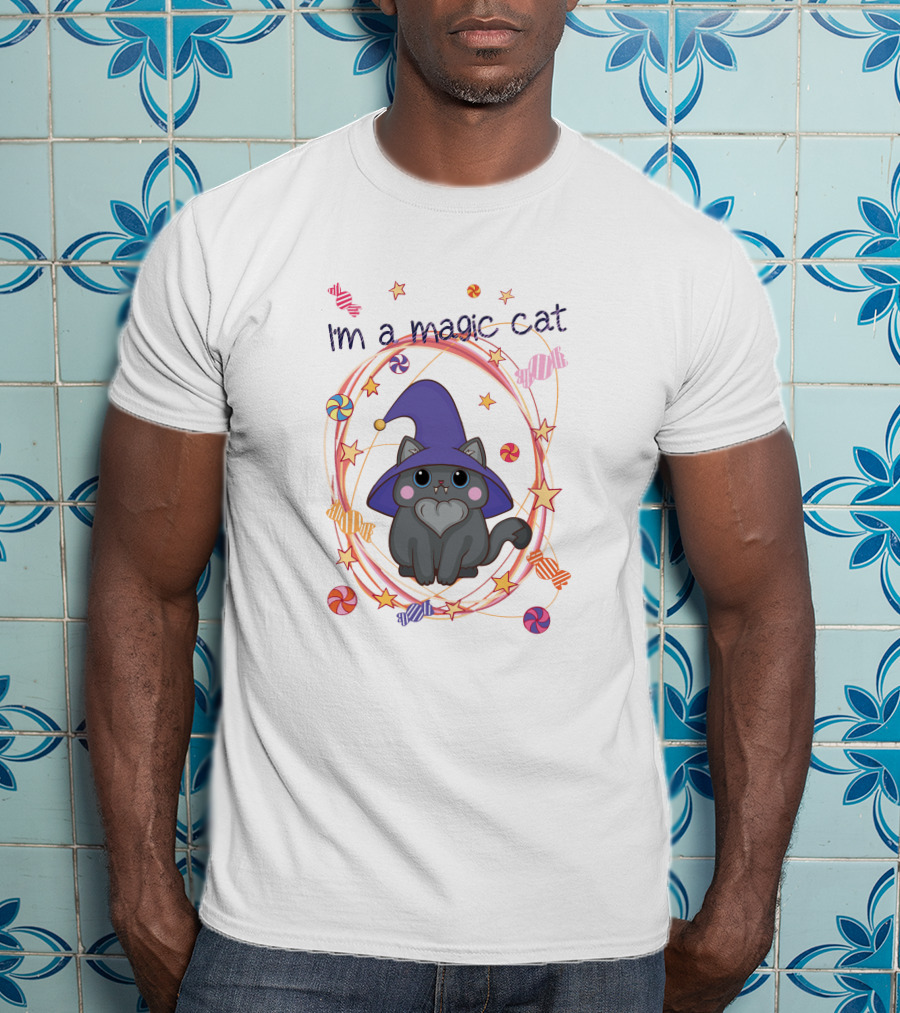 I'm A Magic Cat Wizard Hat Candy Stars T-Shirt