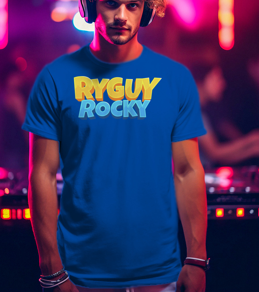 RYGUYROCKY Bold Text Logo Blue Background T-Shirt