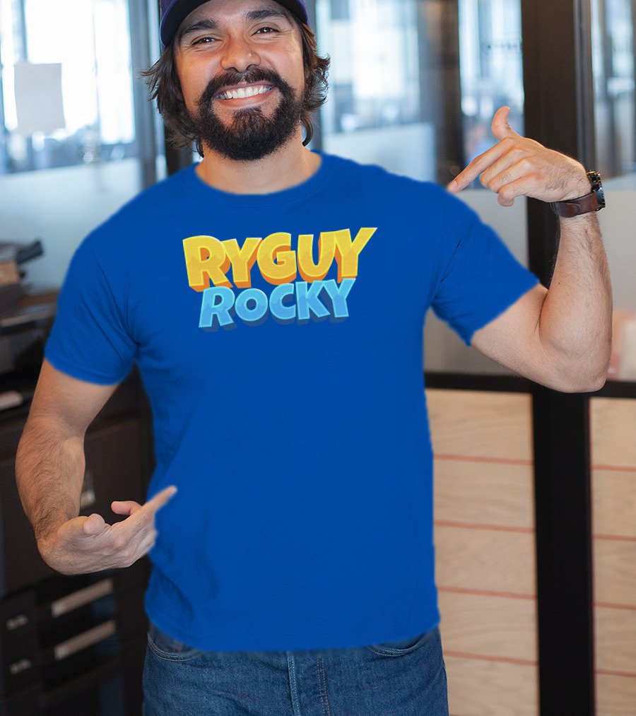 RYGUYROCKY Bold Text Logo Blue Background T-Shirt