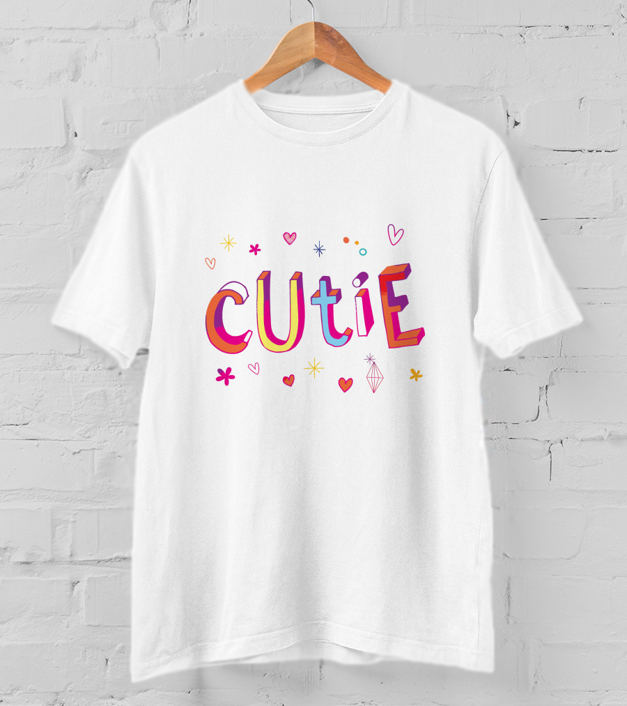 CUTIE Hearts And Stars Colorful Typography T-Shirt