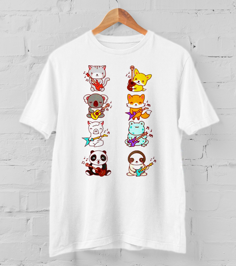 Cat Fox Koala Alpaca Frog Panda Animals Playing Acoustic Electric Guitars Kawaii T-Shirt