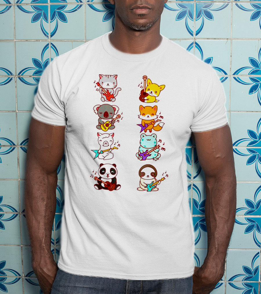 Cat Fox Koala Alpaca Frog Panda Animals Playing Acoustic Electric Guitars Kawaii T-Shirt