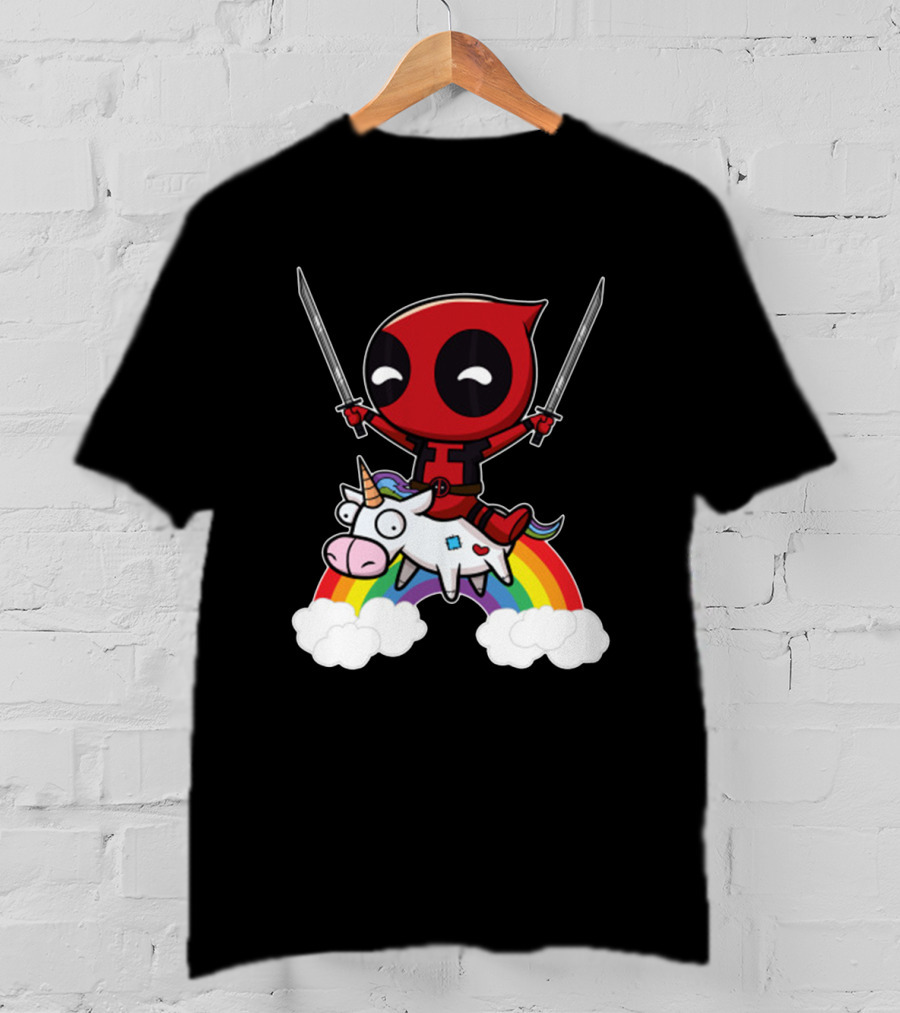 Chibi Deadpool Riding Epic Rainbow Unicorn With Dual Katanas T-Shirt